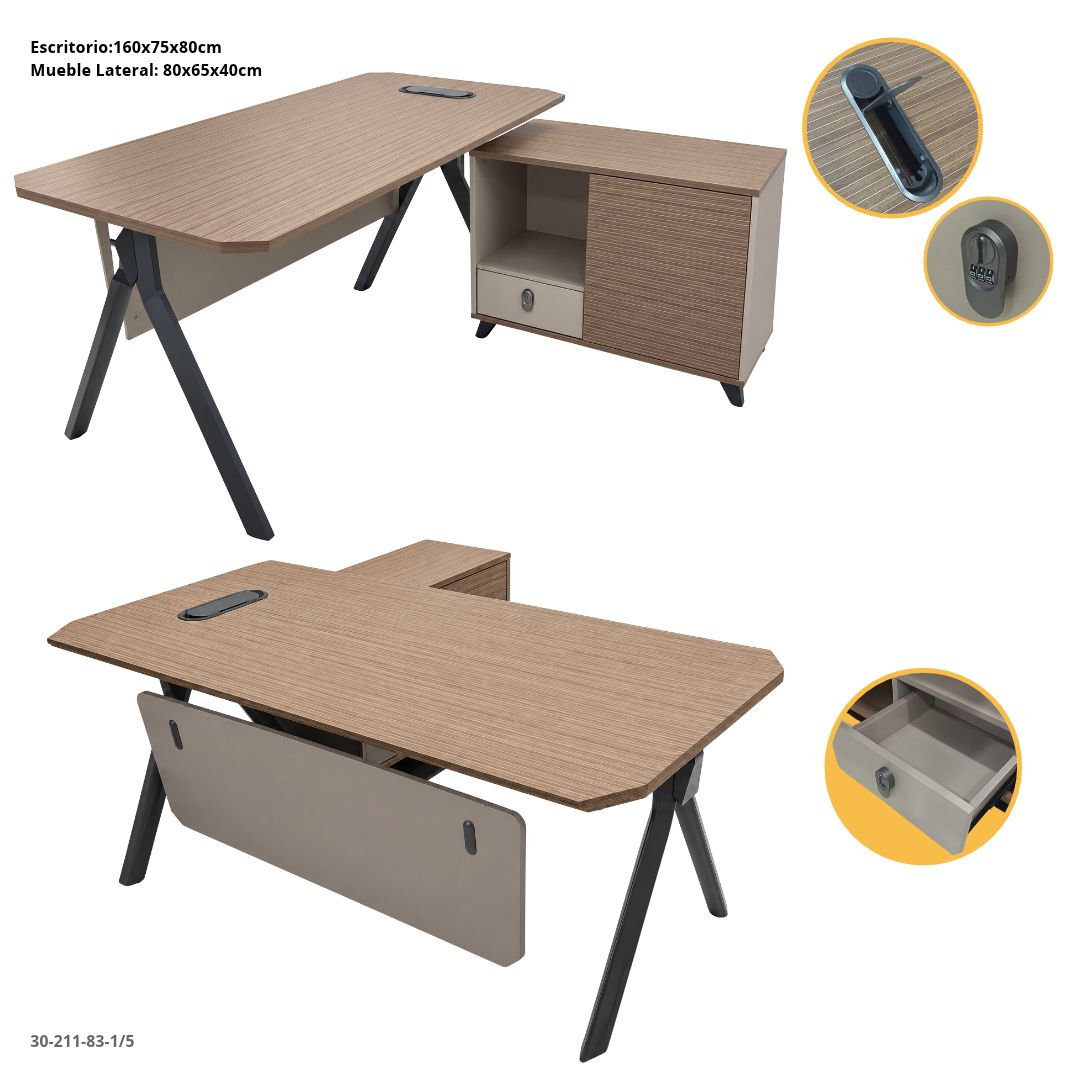 Escritorio en L de Oficina Khaki y Gris 160x75x80 cm con Mueble Lateral - Ref. 30-211-83-1/5