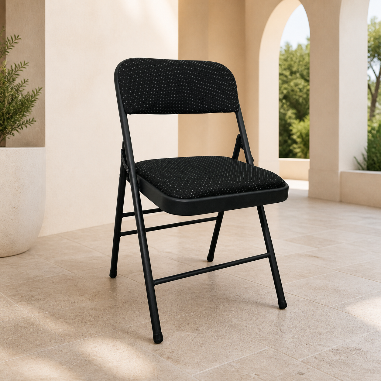 Silla Plegable de Tela Negra en ambiente exterior