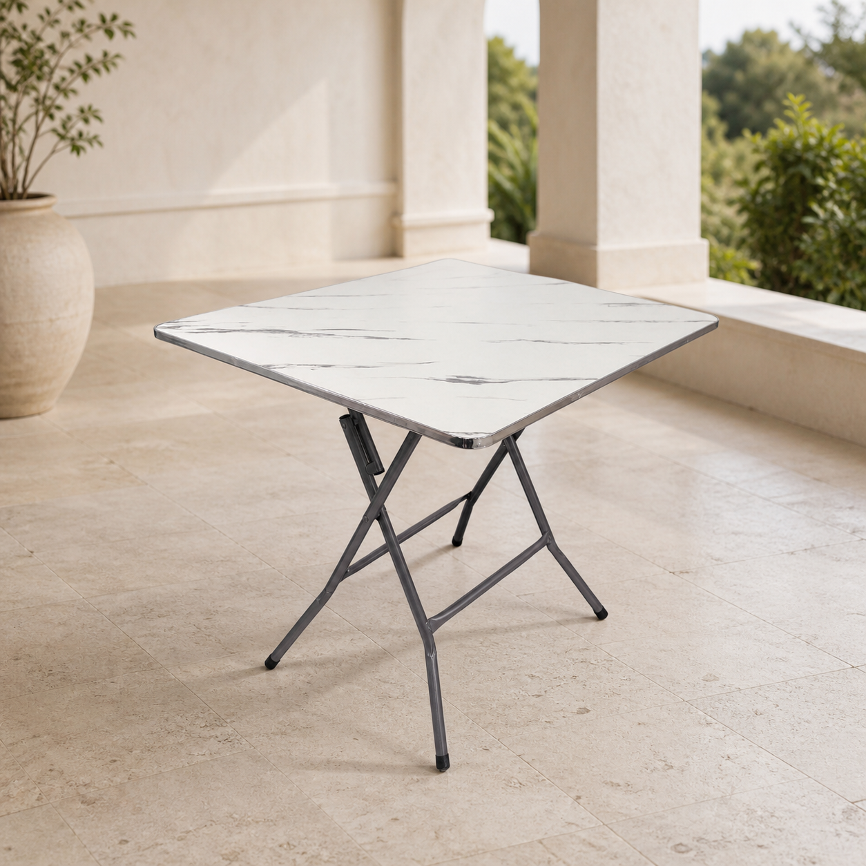 Mesa Cuadrada Blanca C/Bordes Plateado en ambiente exterior