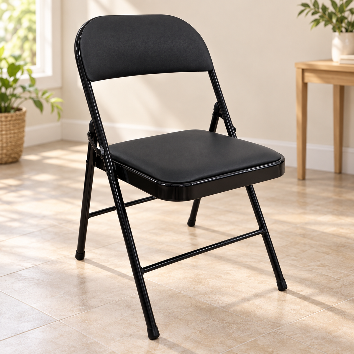 Silla plegable negra tapizada en cuerina en ambiente interior luminoso — 30-212-175