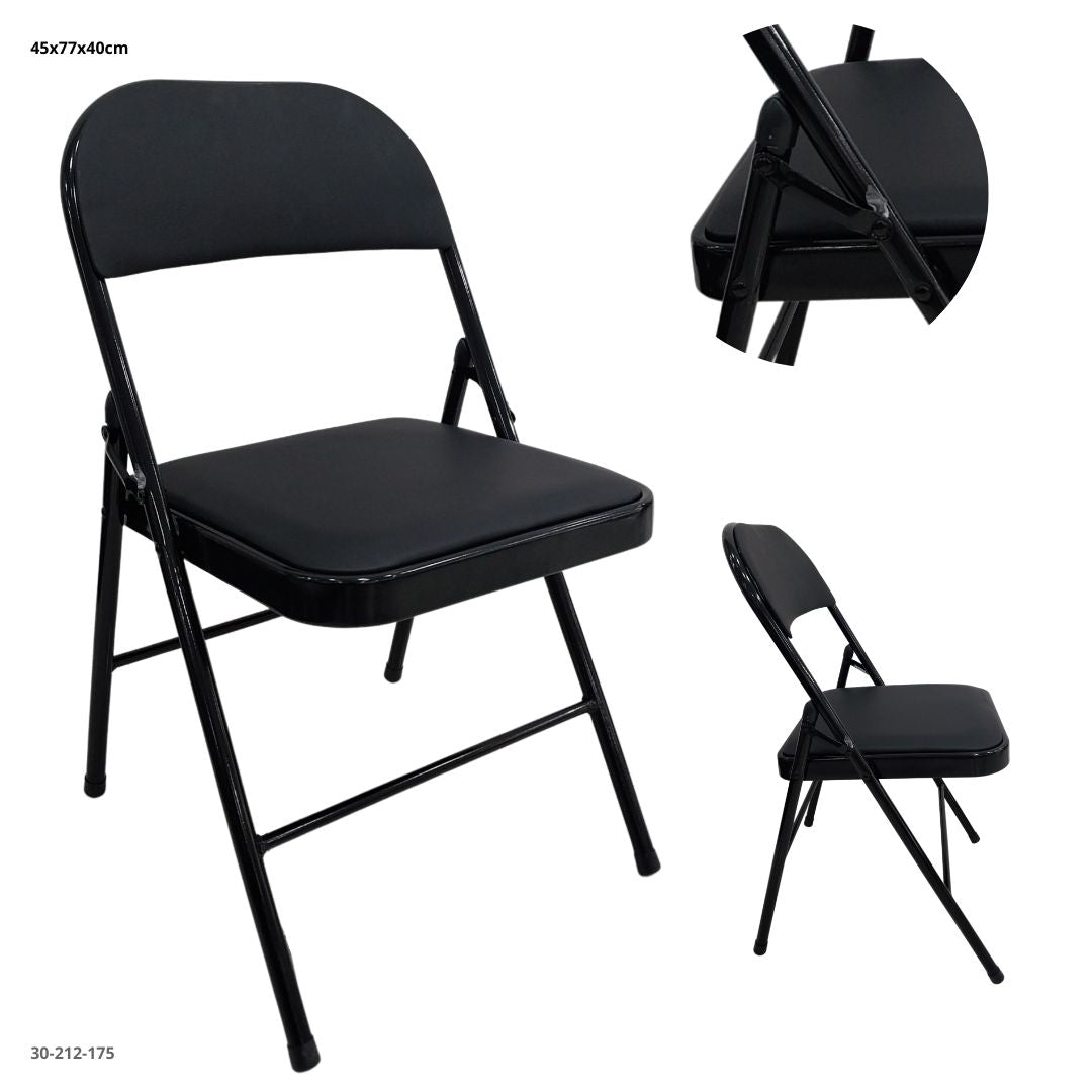 Silla Plegable Metálica Negra Tapizada en Cuerina 45x77x40 cm - Ref. 30-212-175