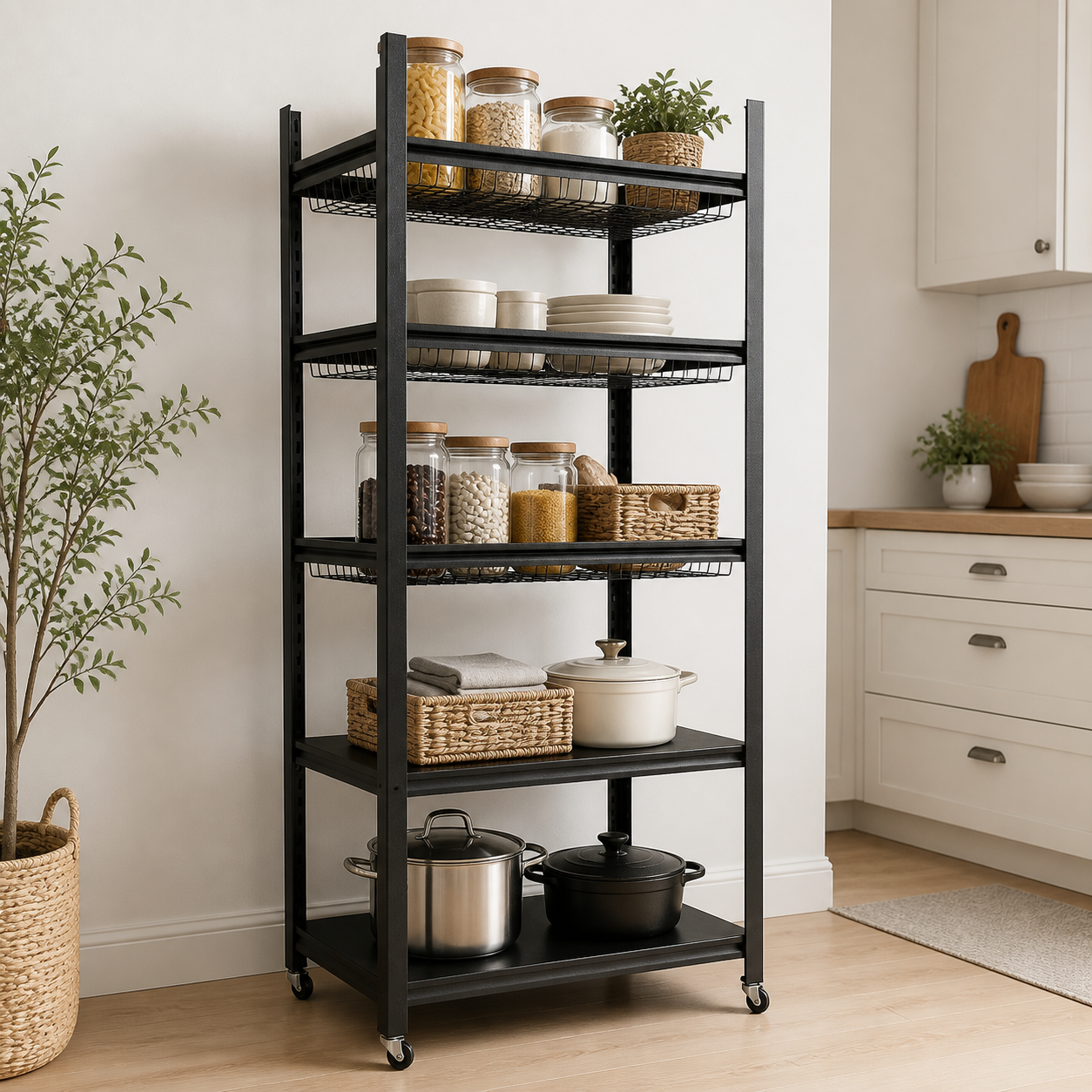Estante metálico negro con canastas en cocina organizada