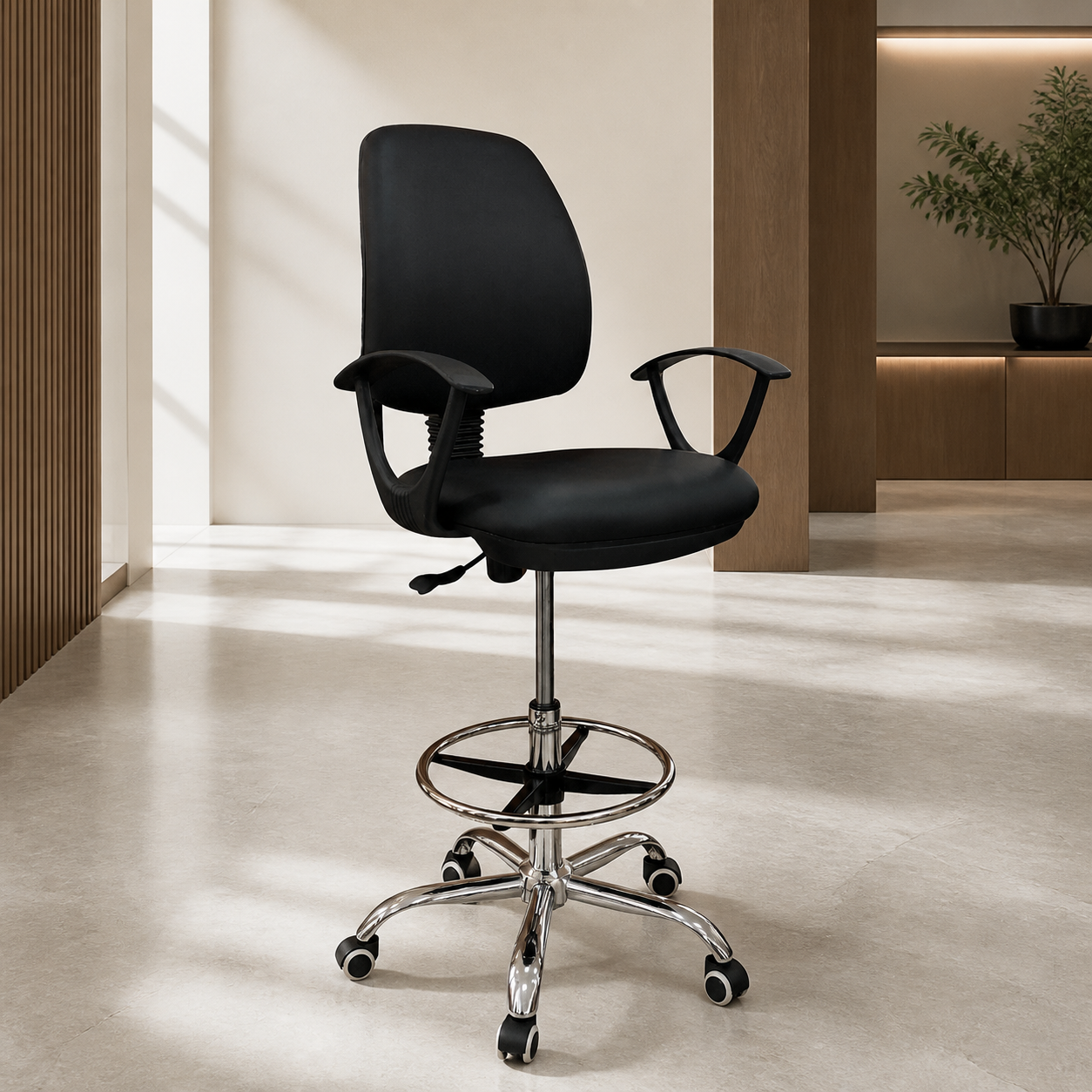 Silla de Oficina Alta Negra Cuerina en ambiente exterior