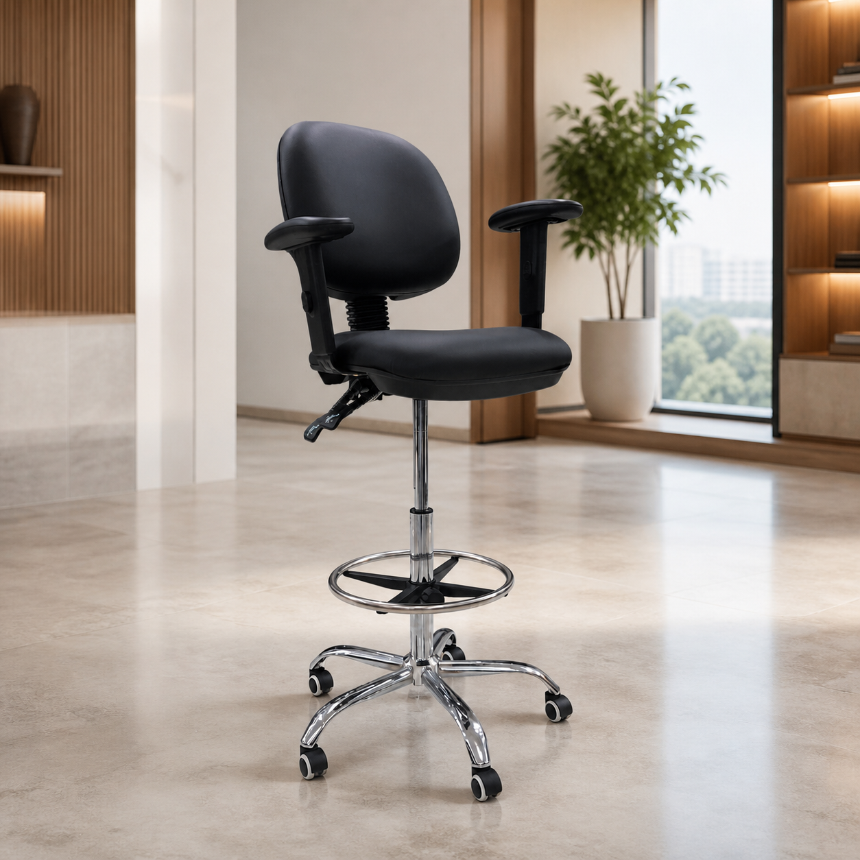 Silla de Oficina Alta Negra Cuerina con Ajuste de Inclinacion en ambiente exterior