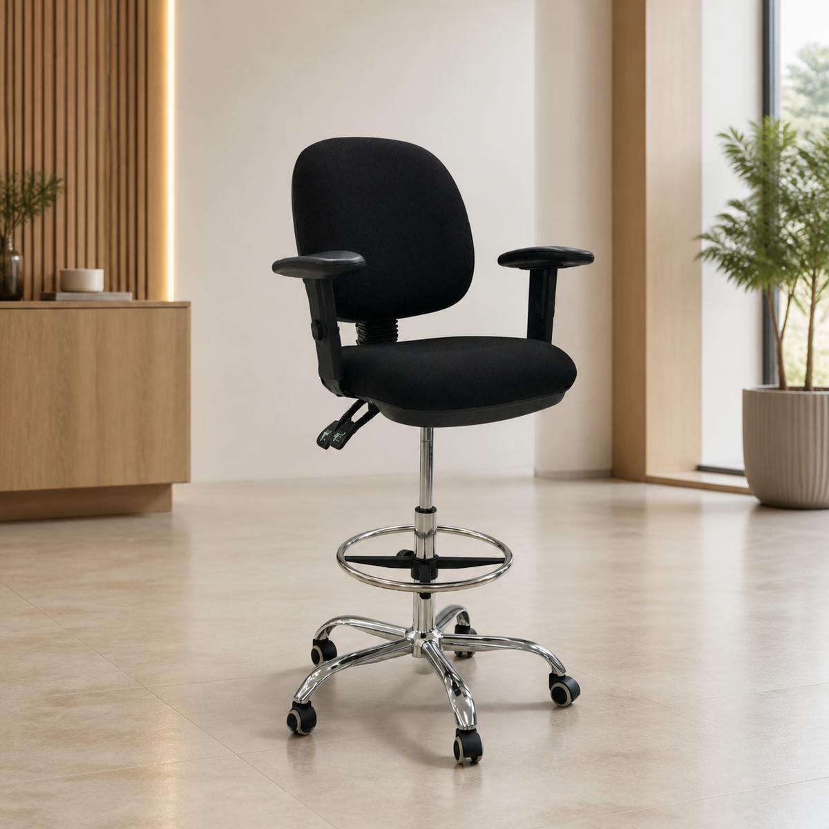 Silla de Oficina Alta Negra Tela Cuerina con Ajuste de Inclinacion en ambiente exterior