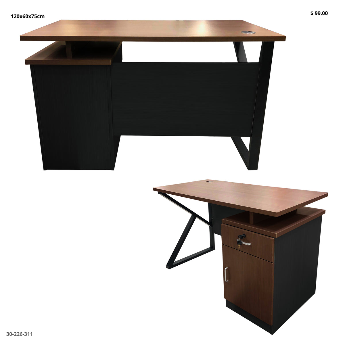Escritorio de Oficina Patas Metálicas con Gabinete 1 Gaveta 120x60x75 cm Chocolate - Ref. 30-226-311