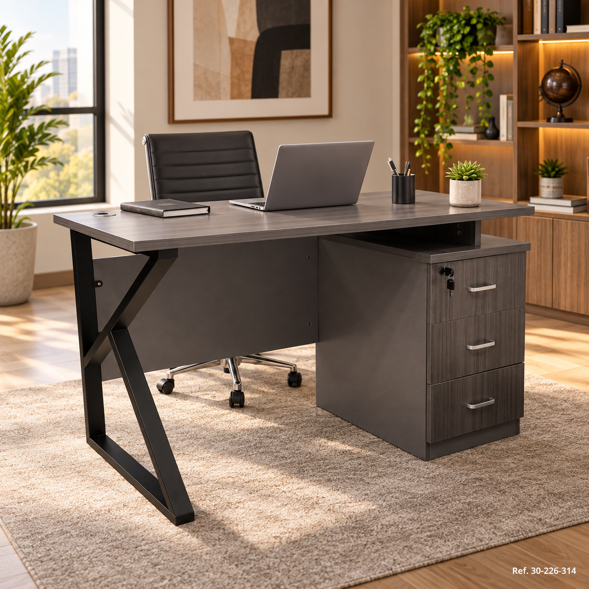 Escritorio chocolate con gabinete en ambiente - Ref. 30-226-314