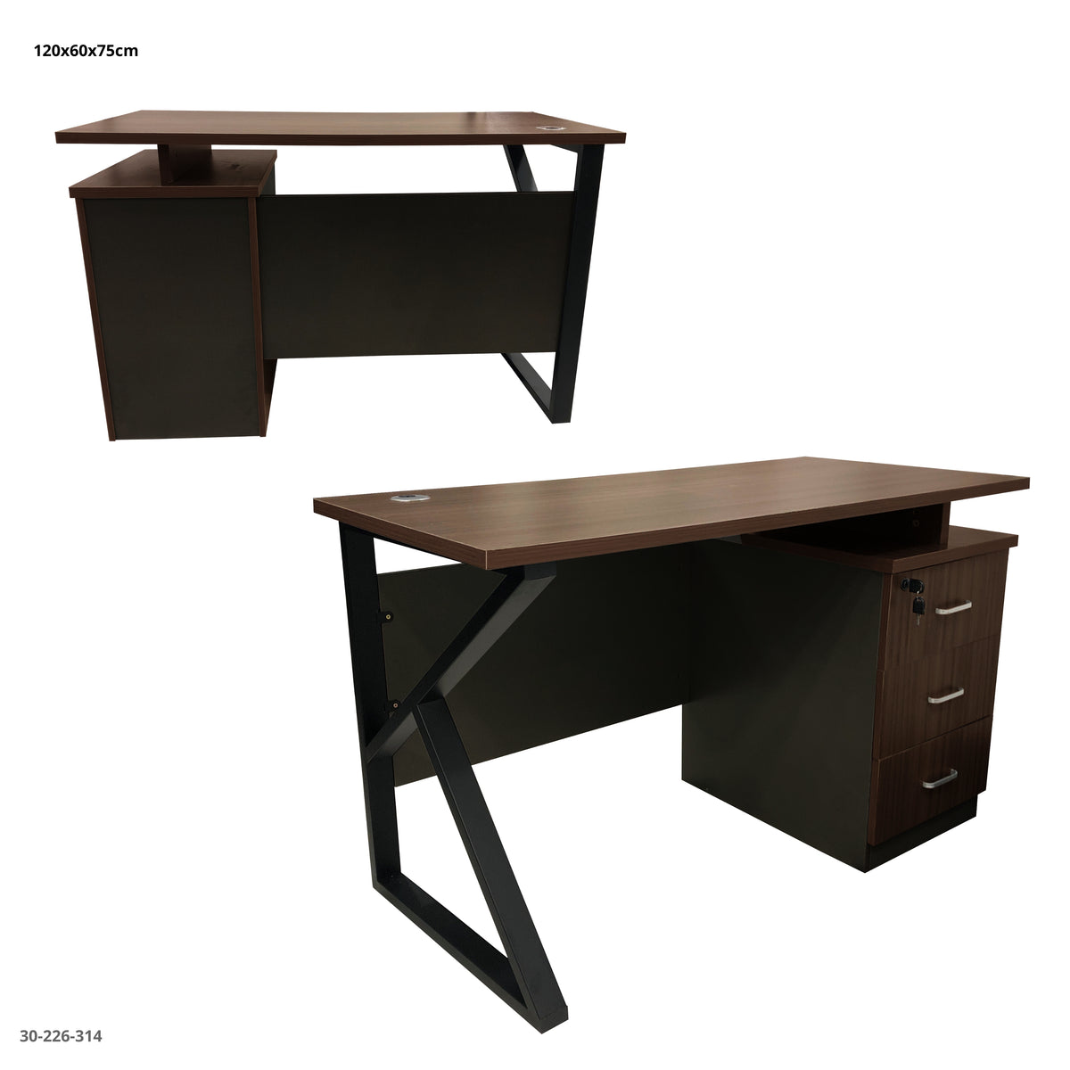 Escritorio de Oficina Patas Metálicas con Gabinete 3 Gavetas 120x60x75 cm Chocolate - Ref. 30-226-314