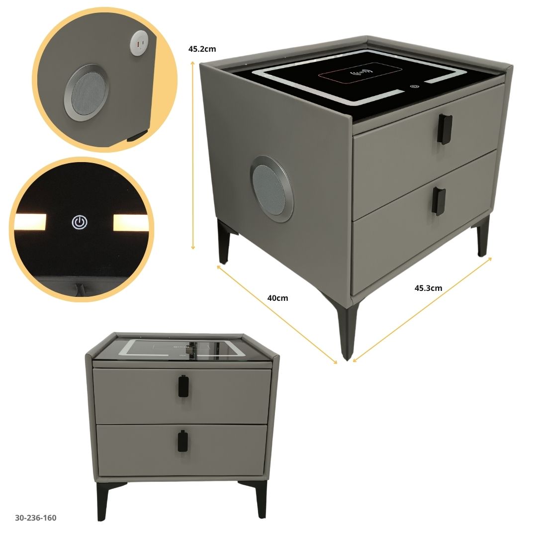 MESITA DE NOCHE GRIS CLARO +BLUETOOTH+LUZ+CARGA 2 GAVETAS
