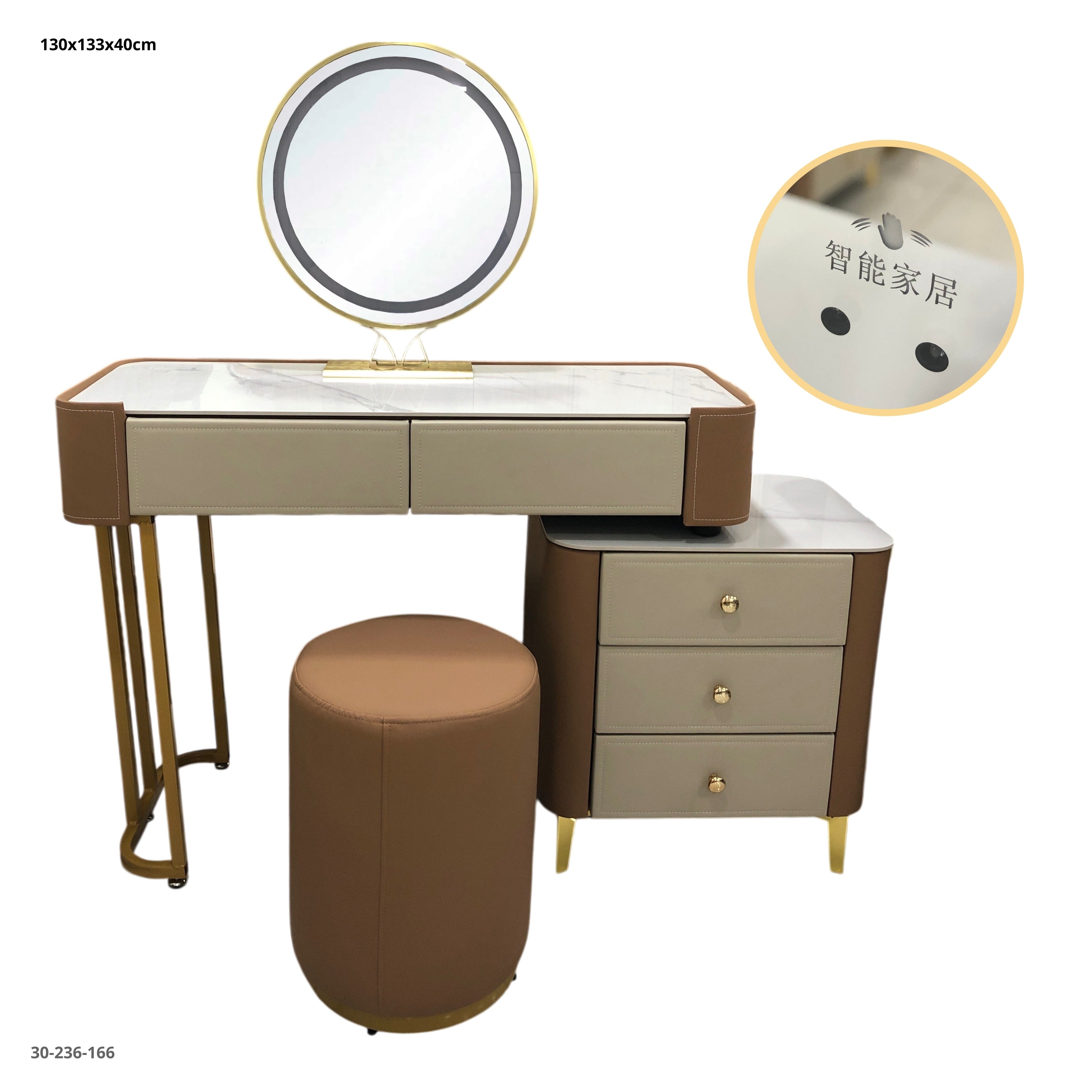 VANITY CON ESPEJO/LUZ Y TABURETE 130*40CM