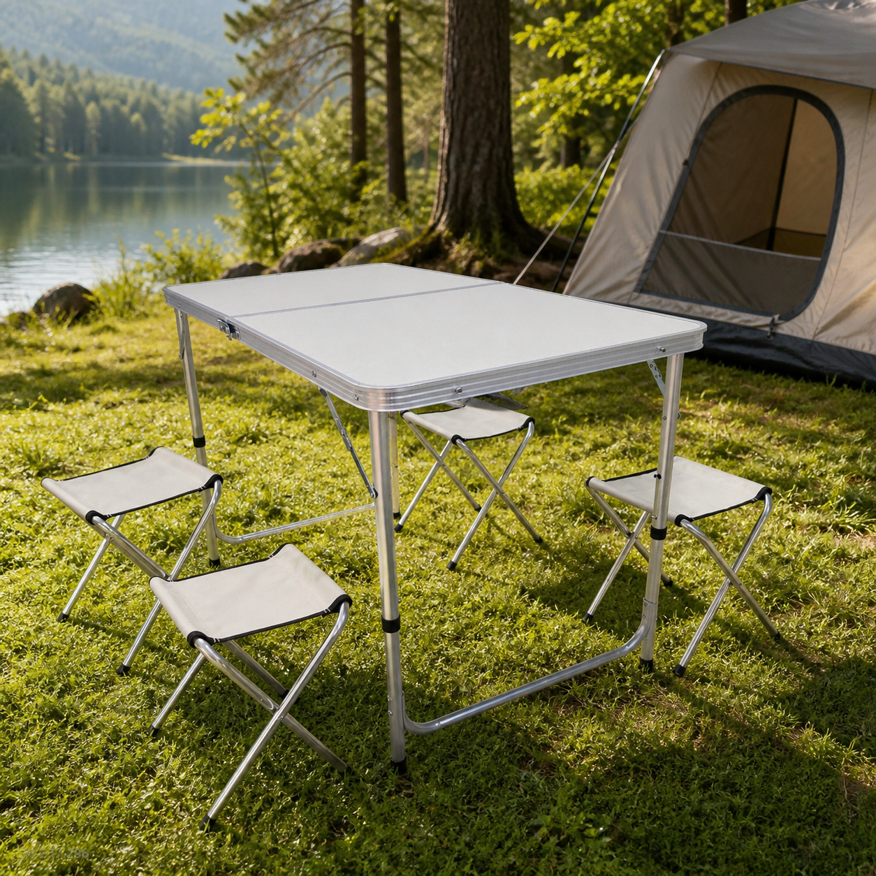 Mesa plegable con cuatro bancos en camping