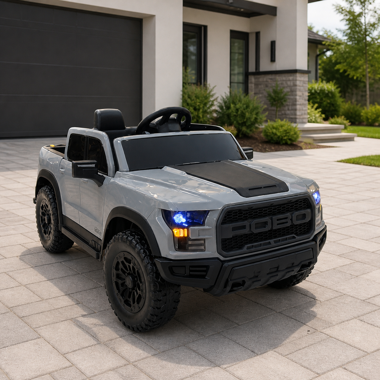 Carro eléctrico montable pickup 4x4 gris en ambiente
