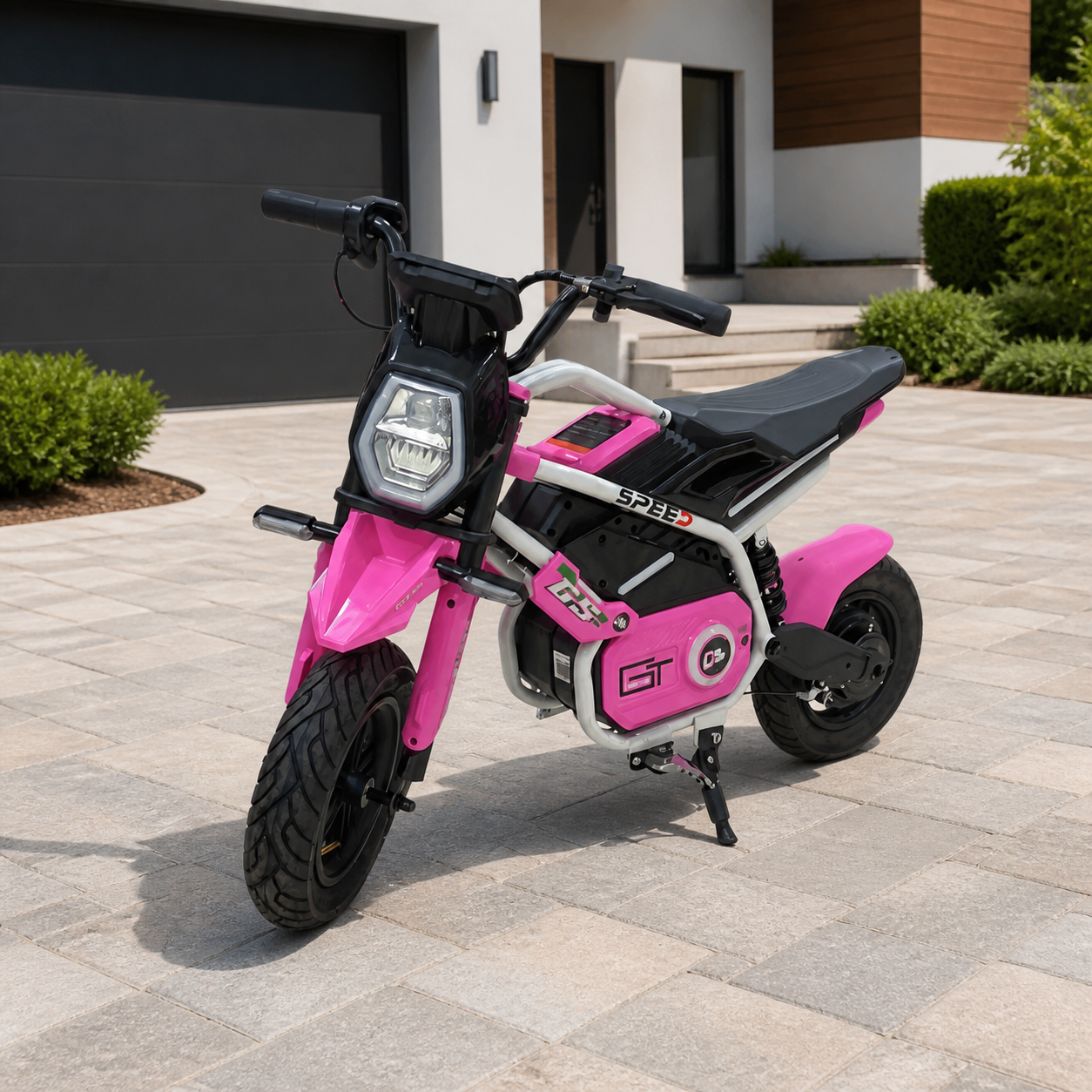 Mini moto eléctrica rosada en ambiente