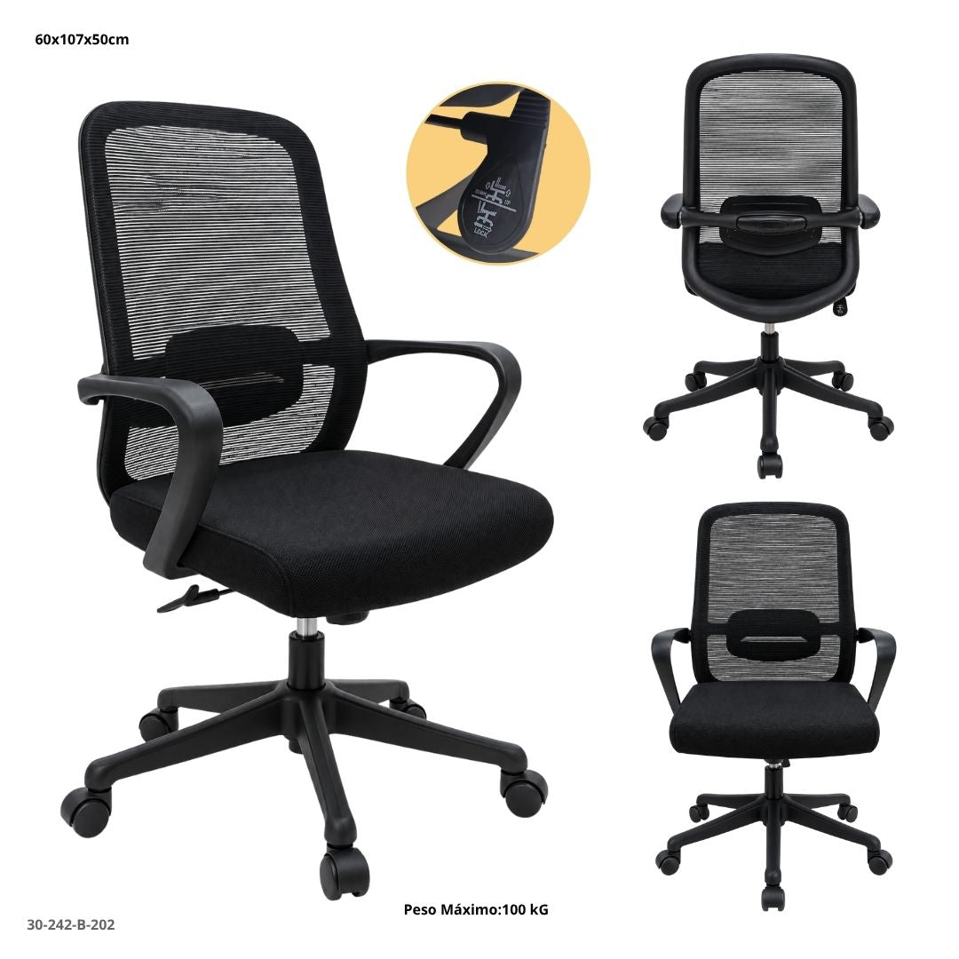 Silla de Oficina de Malla con Soporte Lumbar y Brazos Fijos - vista 2 (30-242-B-202)
