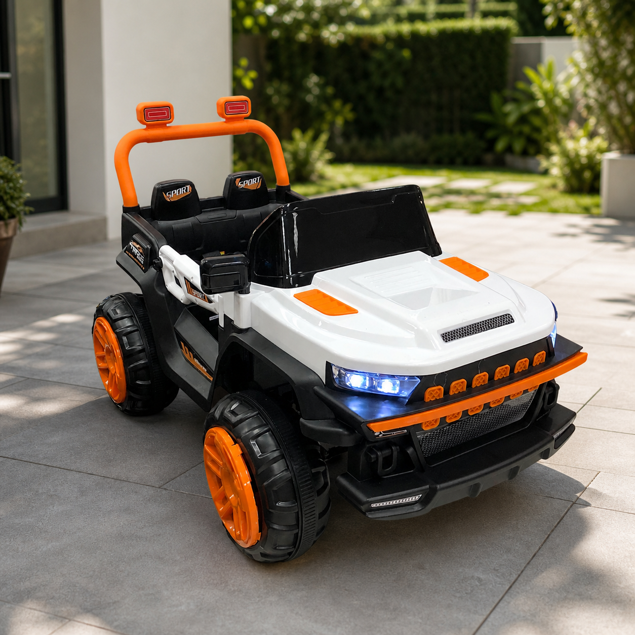 Carro blanco para niños ambientado en patio