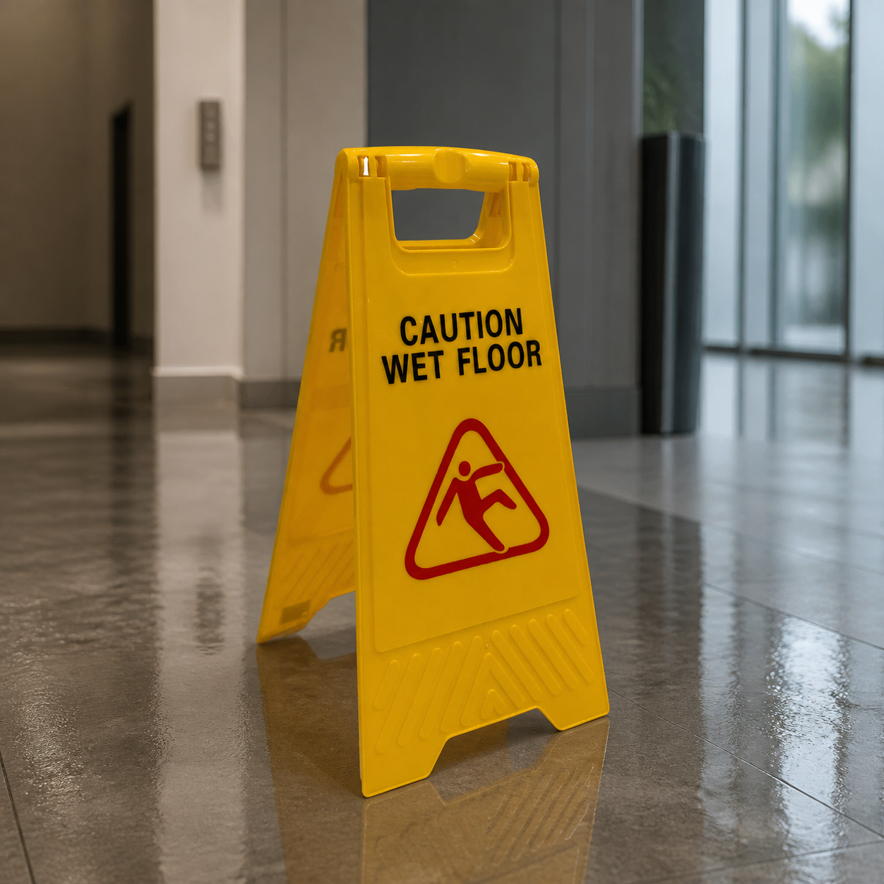 Cartel de piso mojado en ambiente