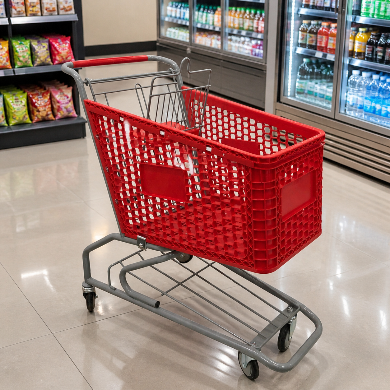 Carretilla roja plástica en minisupermercado