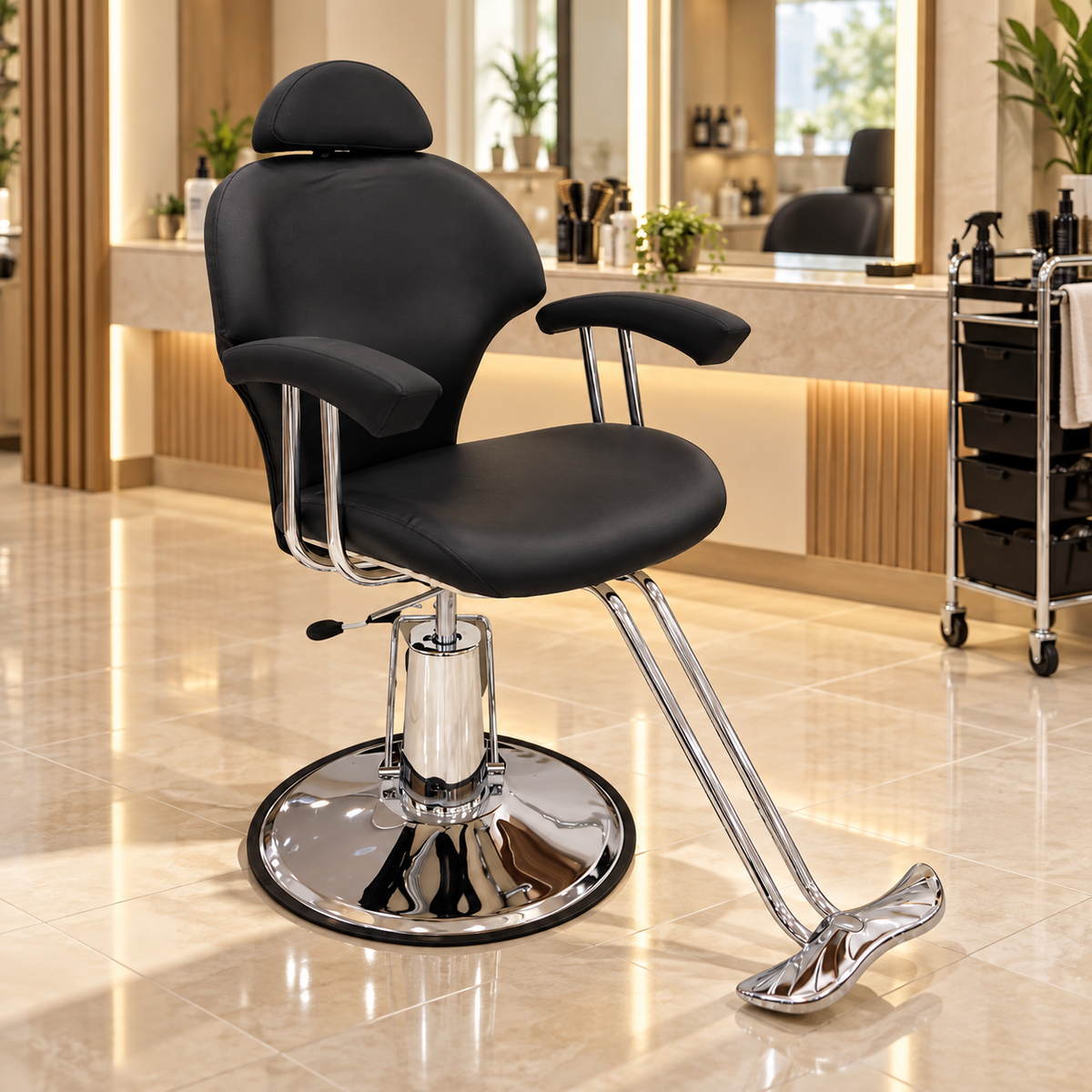 Silla de Peluquería Negra Reclinable con Reposacabezas Modelo 4 en ambiente de peluquería