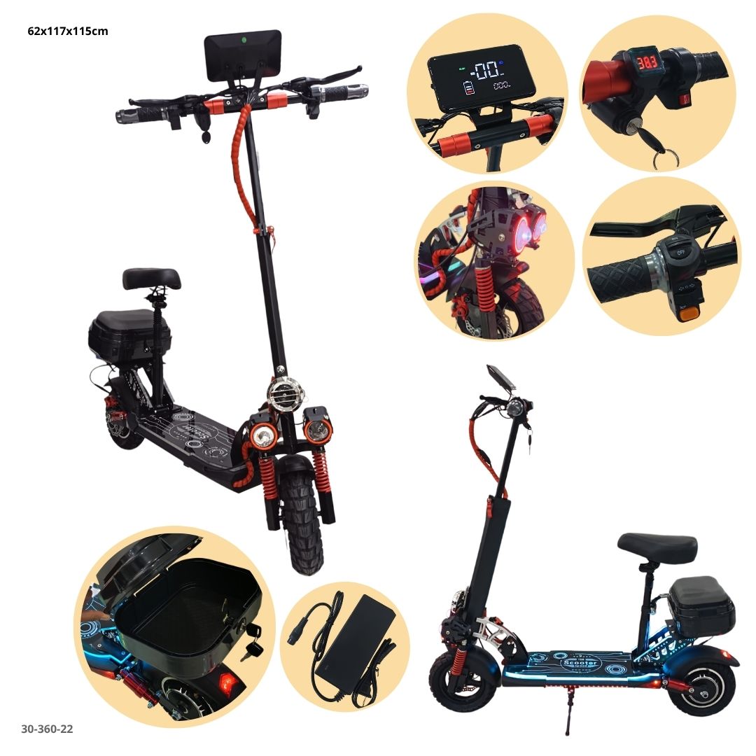Detalles del scooter todoterreno: pantalla digital, acelerador, luces LED, maletero y cargador (30-360-22)