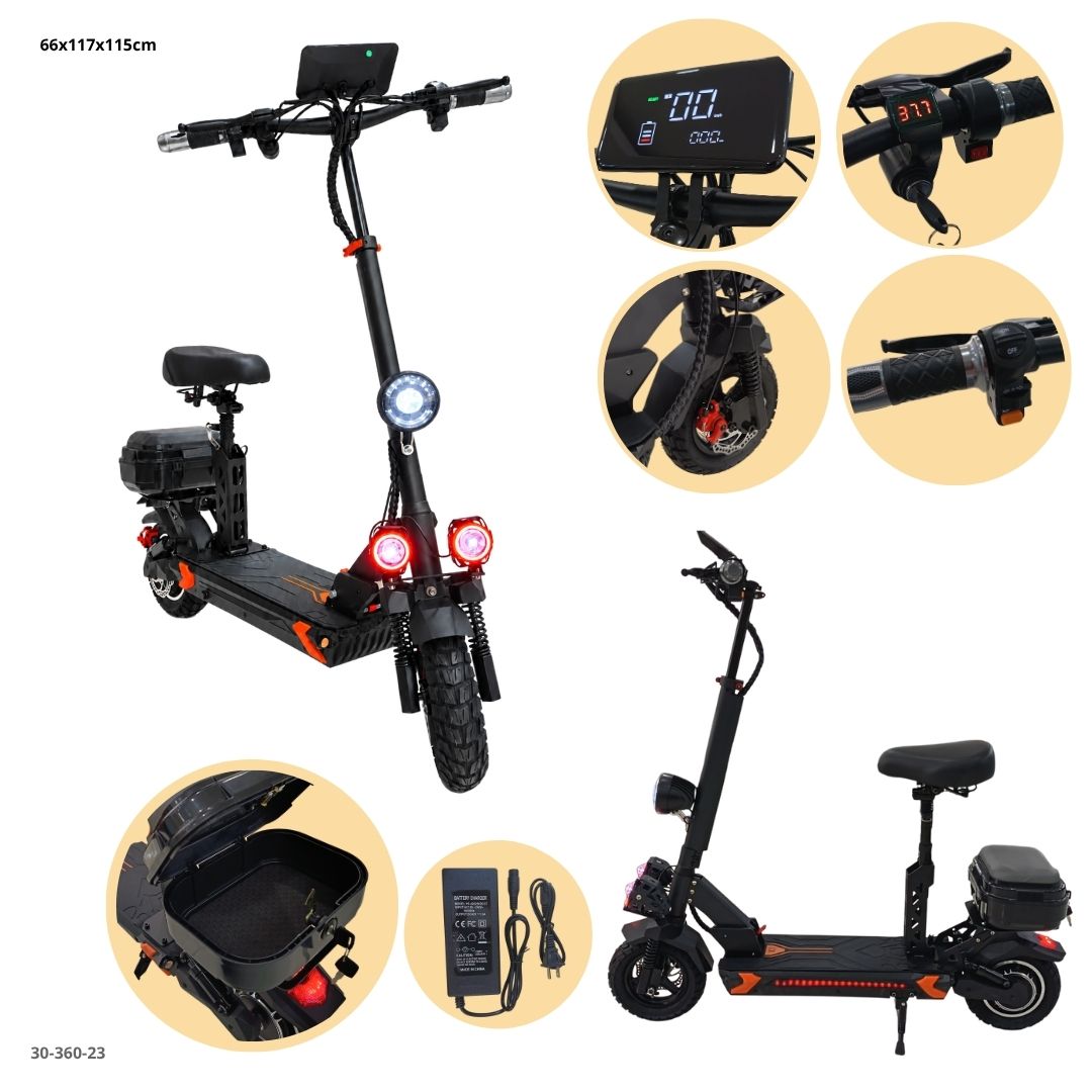 Detalles del scooter X1: pantalla digital, acelerador, suspensión, maletero y cargador (30-360-23)