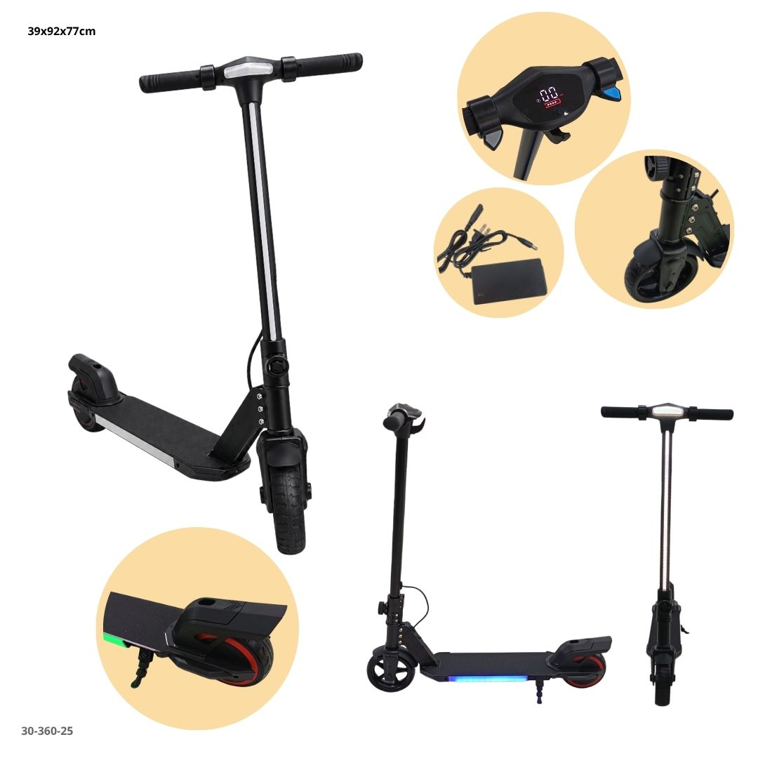 Detalles del scooter para niños negro: pantalla digital, luces LED, cargador y manubrio ajustable (30-360-25)