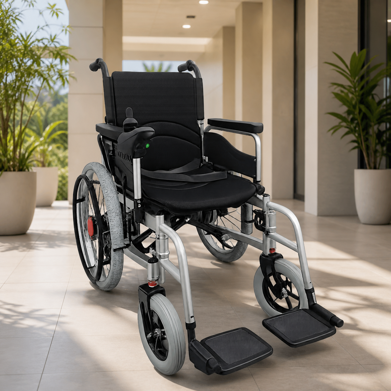 Silla de ruedas eléctrica 110V en espacio accesible