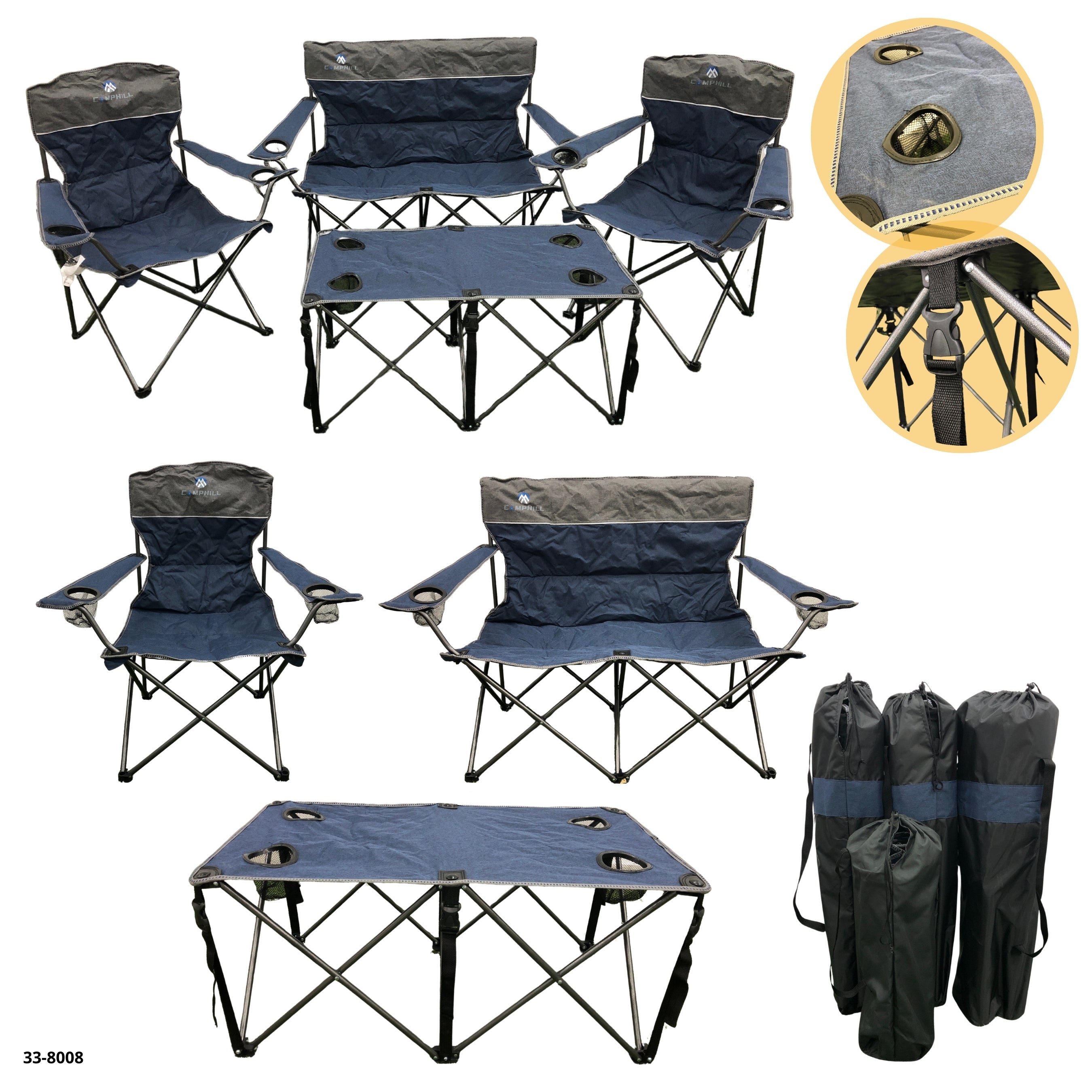 JGO 3 SILLAS CAMPING AZUL/GRIS + MESA