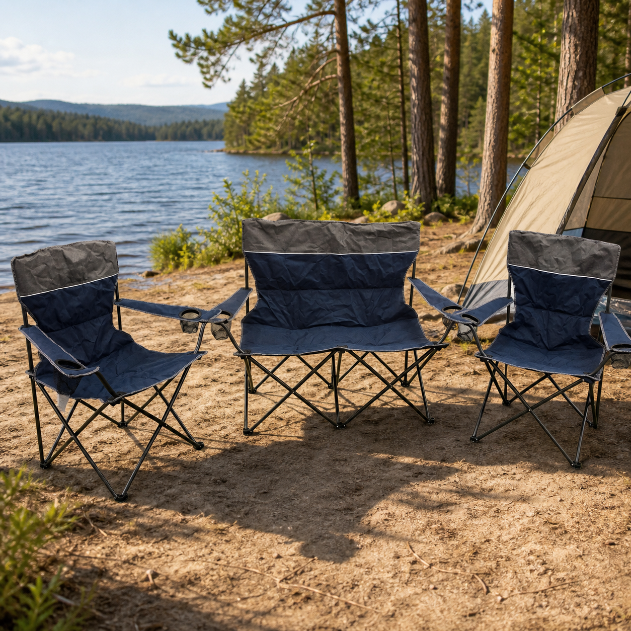 Juego de tres sillas de camping azul y gris junto al lago