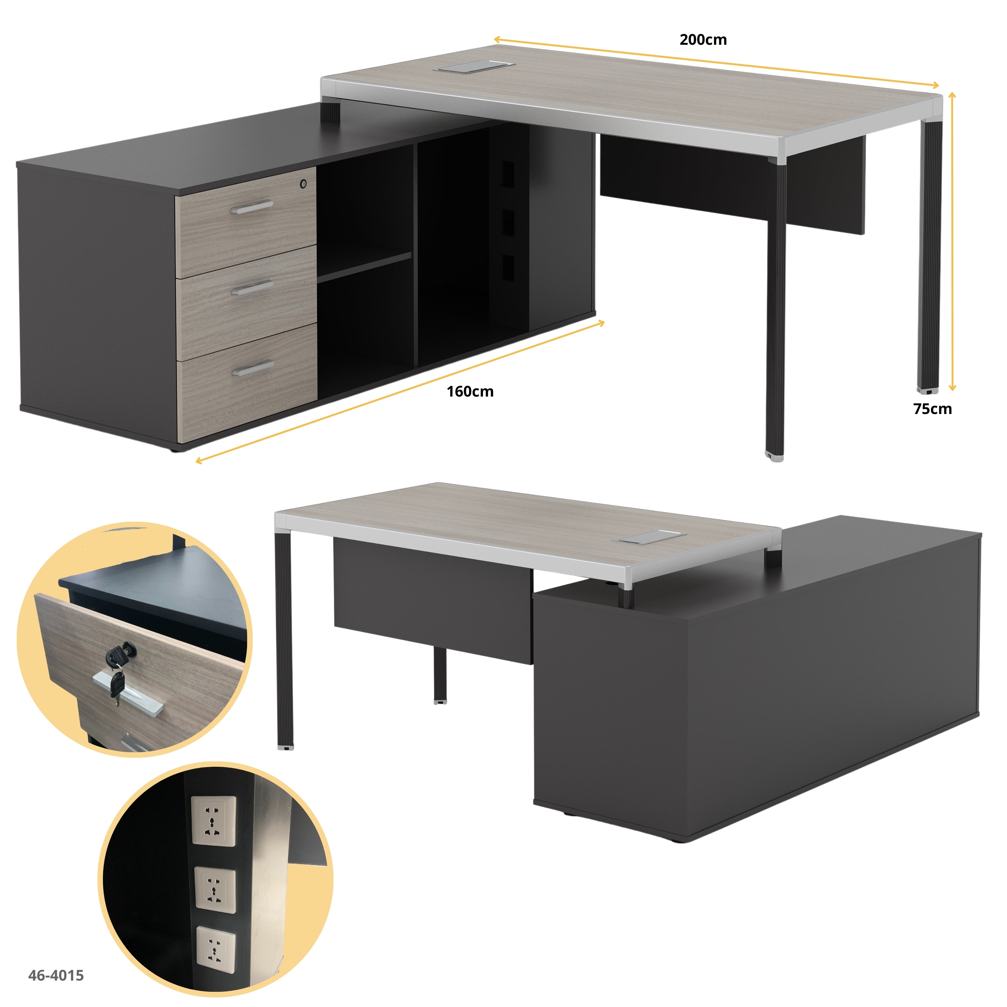 ESCRITORIO EJECUTIVO GRIS CON GABINETE Y ENCHUFE IZQUIERDA 200X160X75CM
