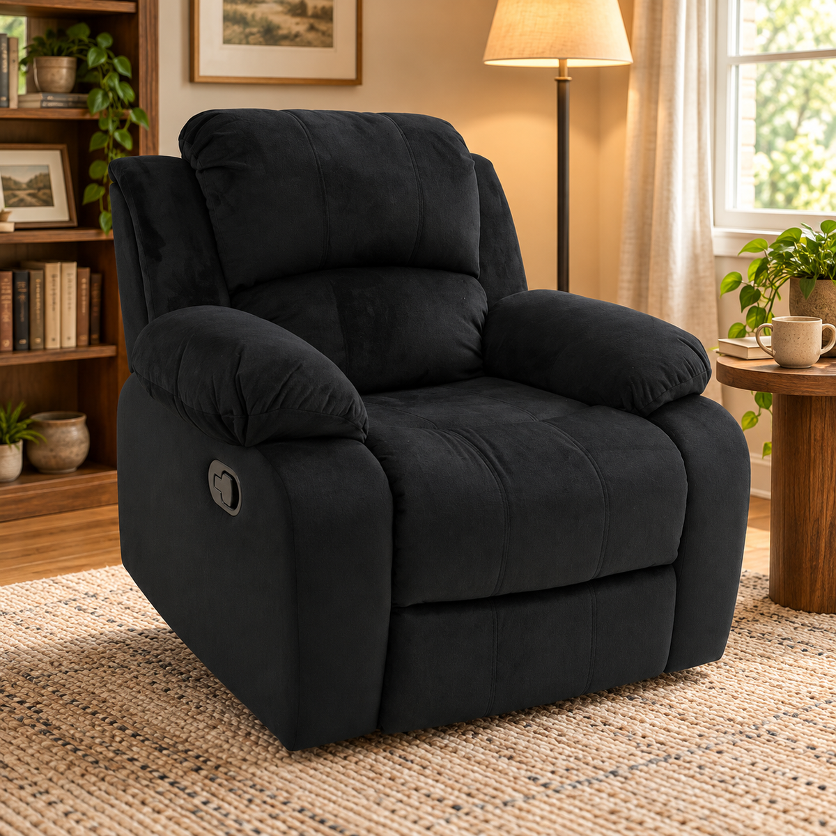 Sofa Reclinable de Tela Negra en ambiente