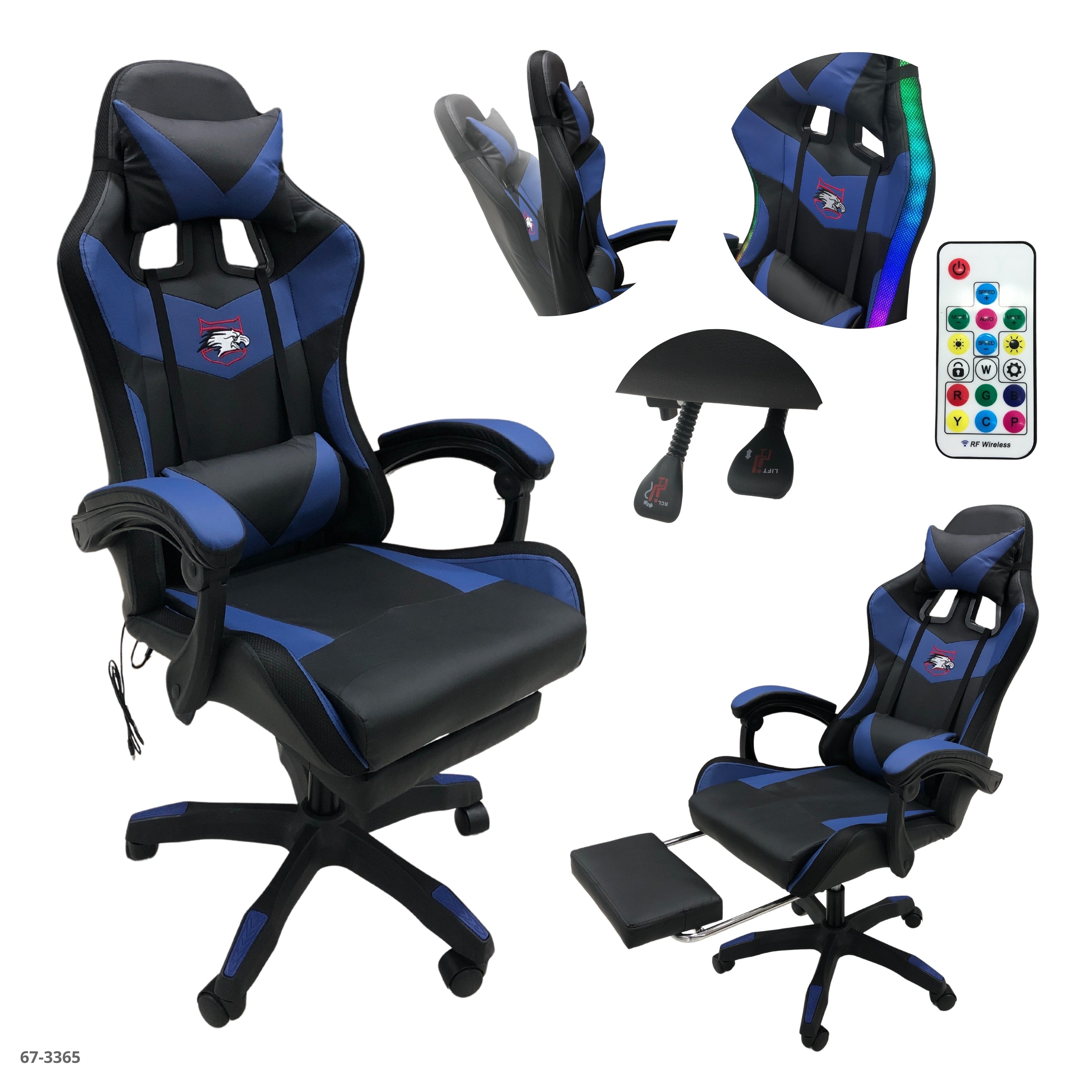 SILLA GAMING NEGRO/ AZUL LED CON REPOSA PIE