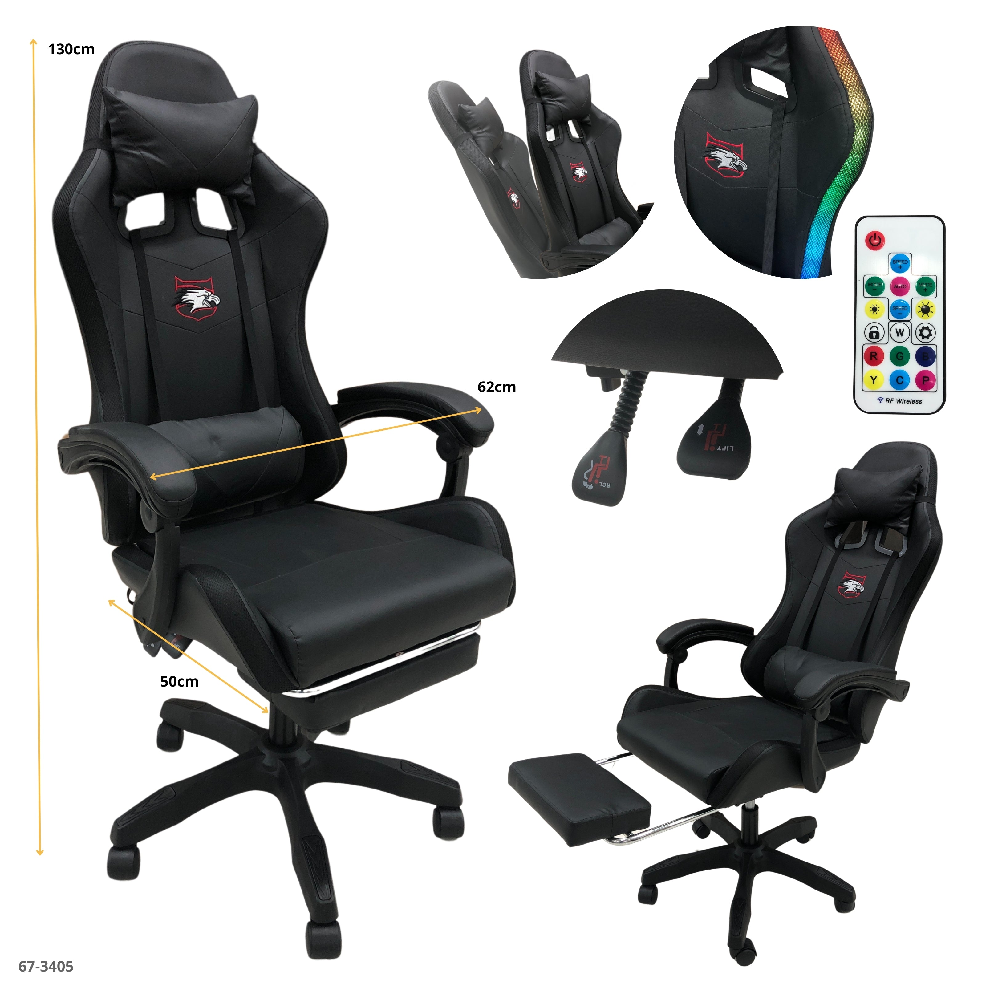 SILLA GAMING NEGRO LED CON REPOSA PIE