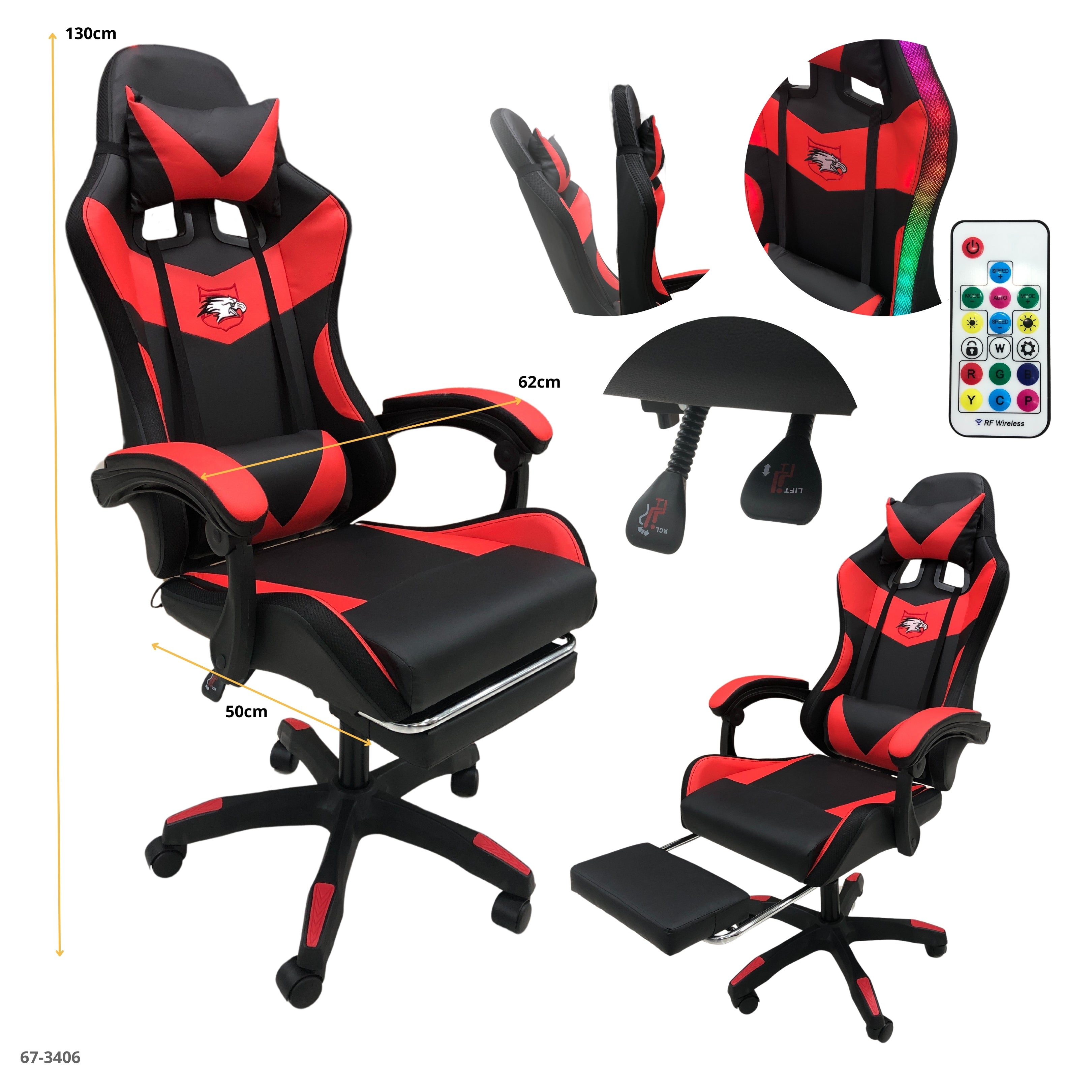 SILLA GAMING NEGRO/ ROJO LED CON REPOSA PIE