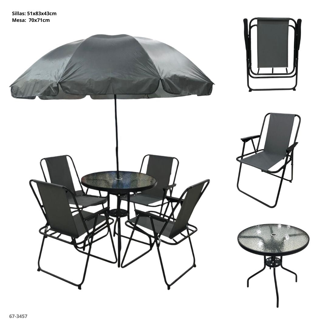 Juego de terraza gris con 4 sillas, mesa y paragua