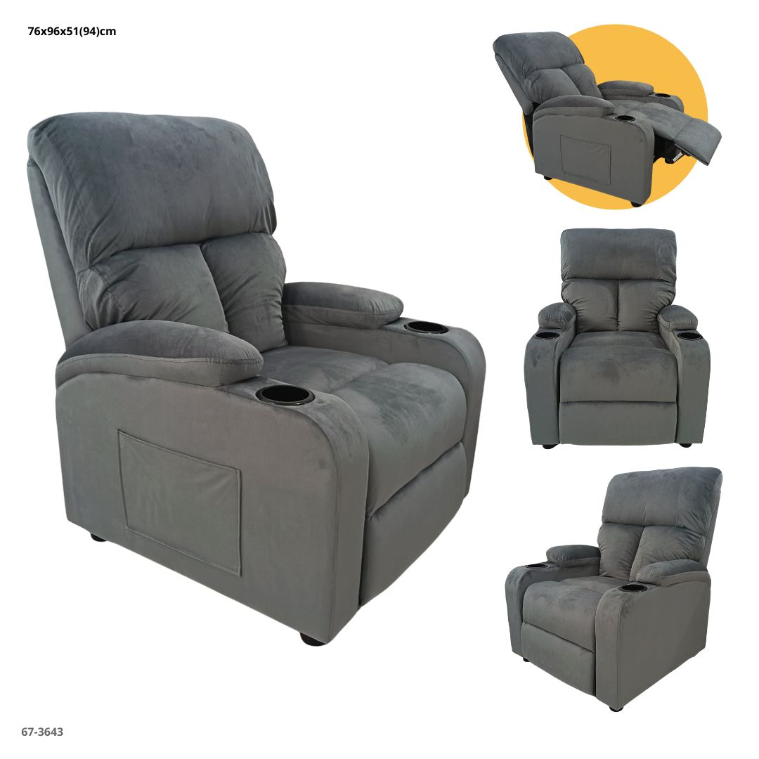 SOFA RECLINABLE CON PORTAVASO TELA GRIS CLARO