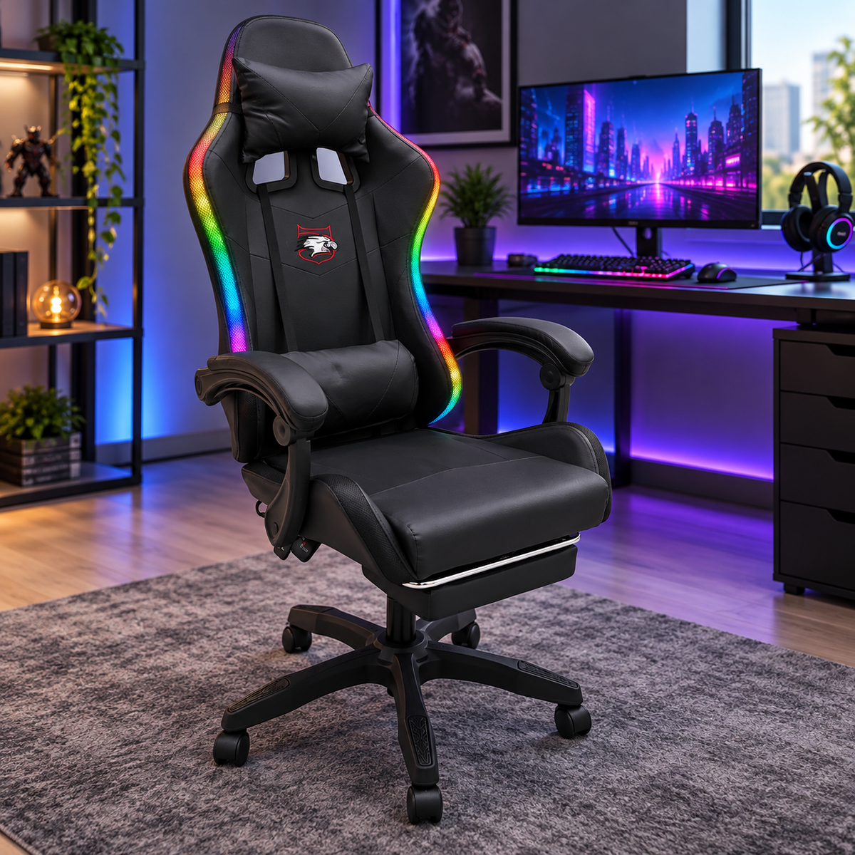 Silla Gaming LED RGB Reclinable con Reposapiés y Control Remoto 62x130x50 cm en ambiente de gaming