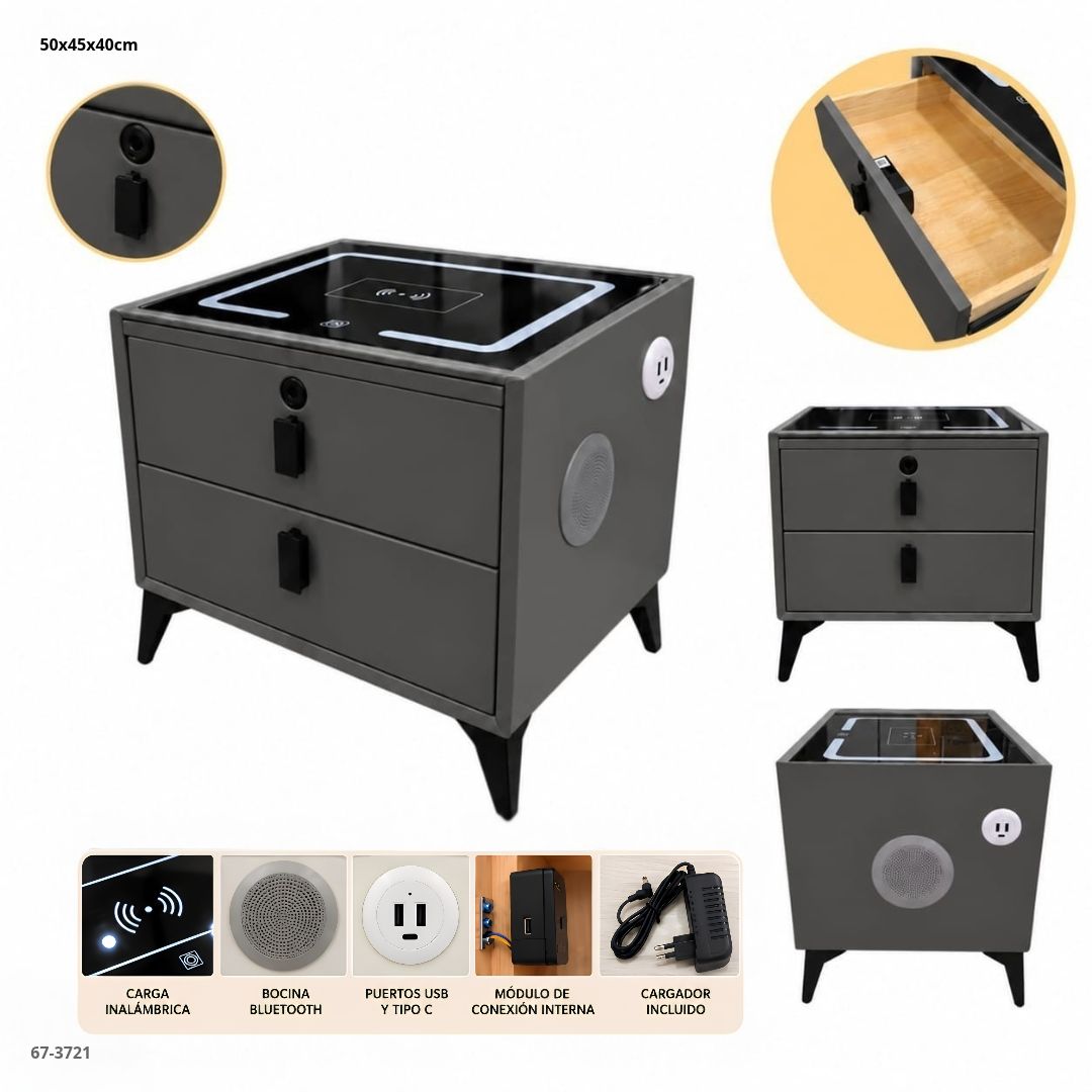 Mesita de Noche Inteligente 2 Gavetas con Carga Inalámbrica, Bluetooth y Huella 50x45x40 cm Gris Oscuro - vistas y funciones (67-3721)