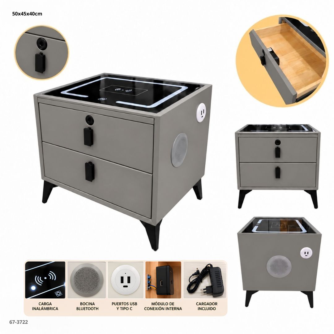 Mesita de Noche Inteligente 2 Gavetas con Carga Inalámbrica, Bluetooth y Huella 50x45x40 cm Gris Claro - vistas y funciones (67-3722)