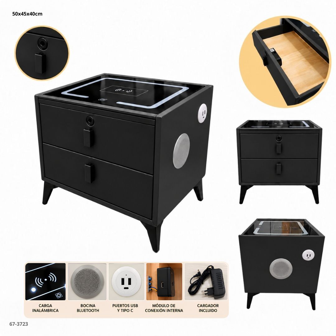 Mesita de Noche Inteligente 2 Gavetas con Carga Inalámbrica, Bluetooth y Huella 50x45x40 cm Negro - vistas y funciones (67-3723)