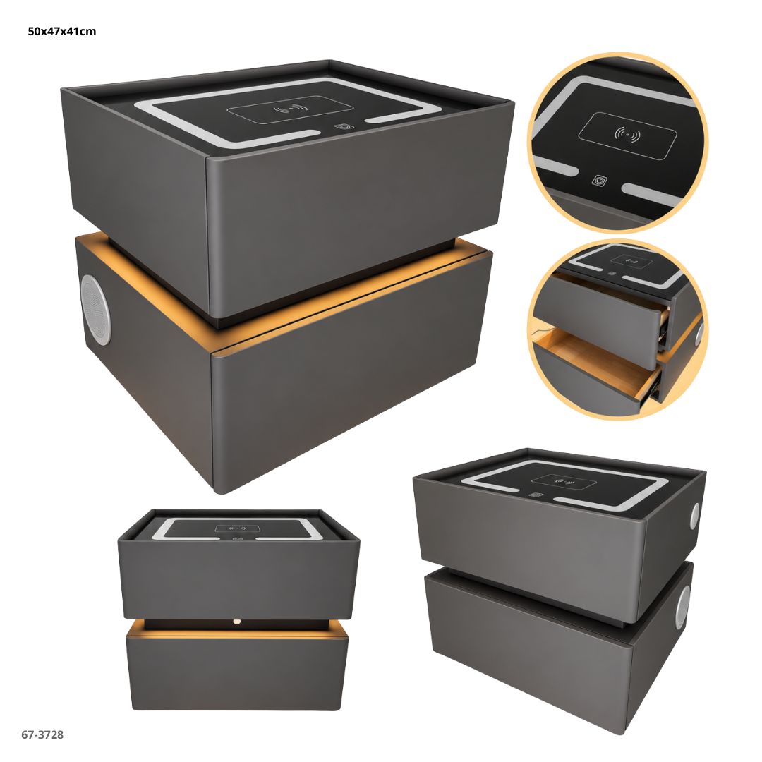 Mesita de Noche Inteligente con Luz Sensor, Carga Inalámbrica y Bluetooth 2 Gavetas 50x47x41 cm Gris Oscuro - vistas y funciones (67-3728)