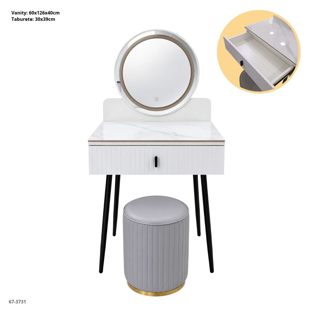 Vanity Blanco con Espejo LED Redondo y Taburete 60x126x40 cm - vista frontal con medidas (67-3731)