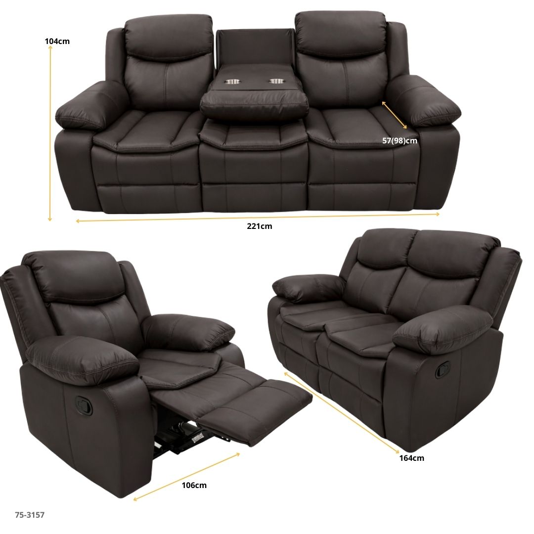 JUEGO DE SOFA CHOCOLATE OSCURO RECLINABLE VALERIE DE 3 PZA TAPICERIA CUERO DE AIRE