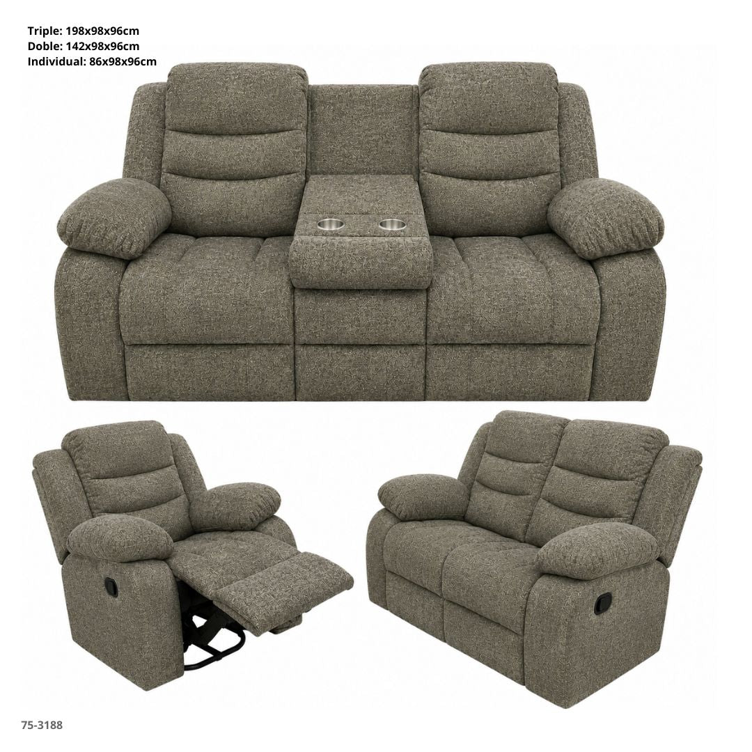 Juego de sofá reclinable 3-2-1 en tela color beige oscuro (75-3188)