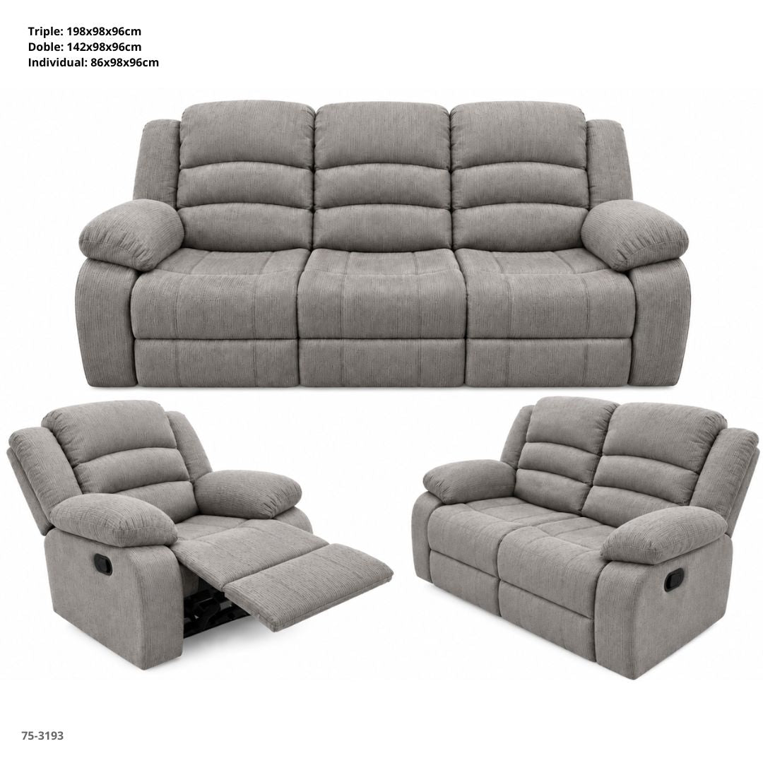 Juego de Sofá Reclinable de Tela Gris Oscuro de 3 Piezas 198x98x96 cm Ref. 75-3193 - Ref. 75-3193