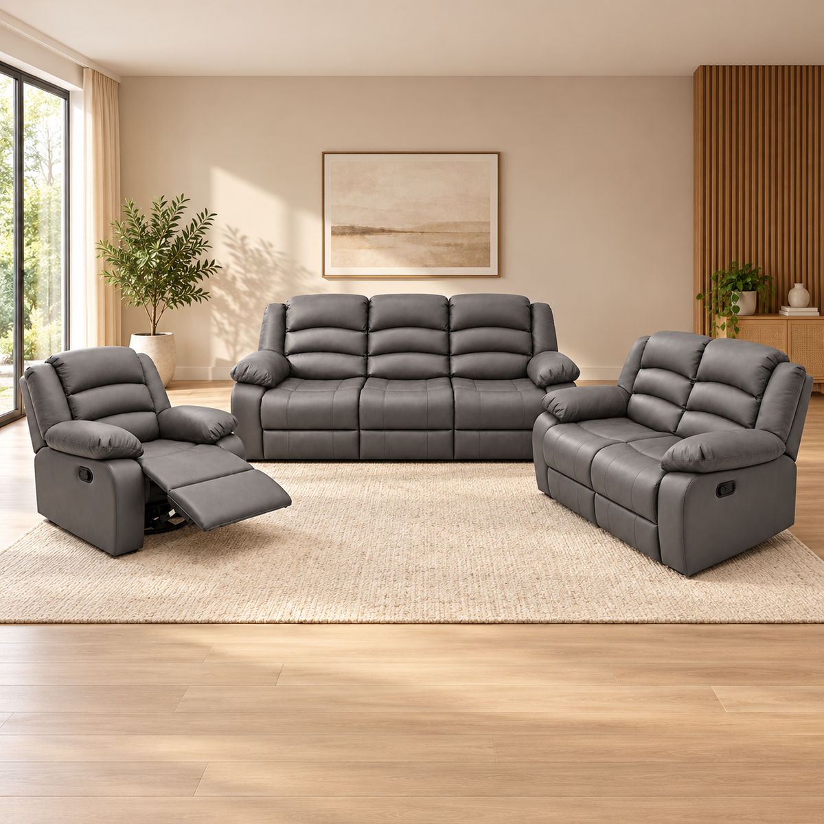Juego de Sofá Reclinable de Tela Gris Oscuro de 3 Piezas en ambiente de sala