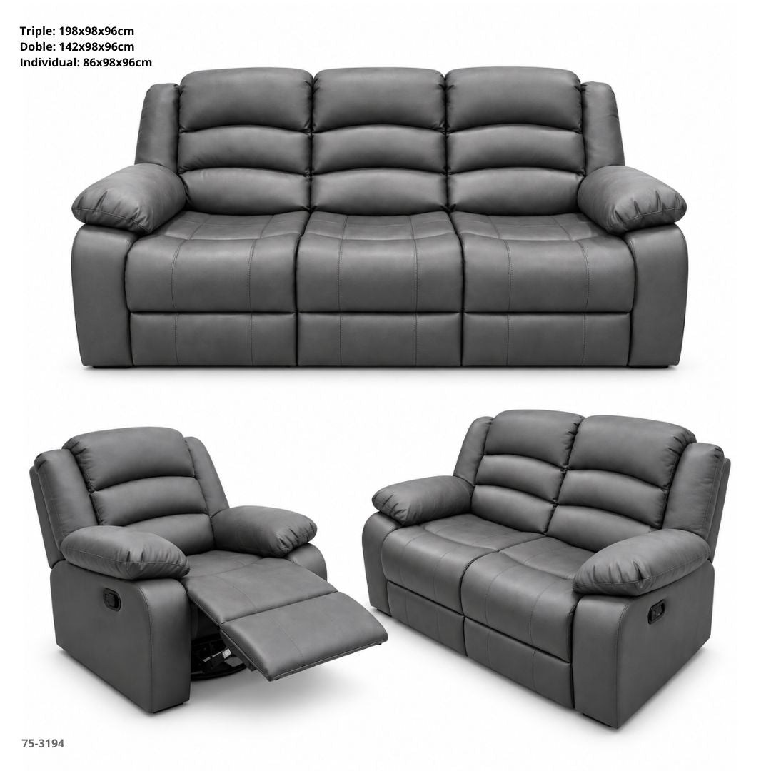 Juego de Sofá Reclinable de Tela Gris Oscuro de 3 Piezas 198x98x96 cm Ref. 75-3194 - Ref. 75-3194
