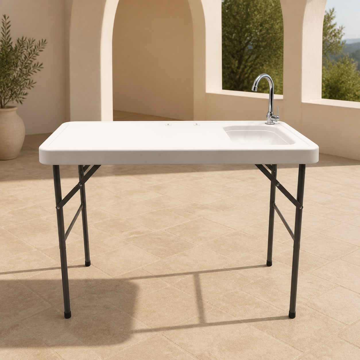 Mesa con Fregador Completo 114X59X86.5 94-FAK-114 en ambiente exterior