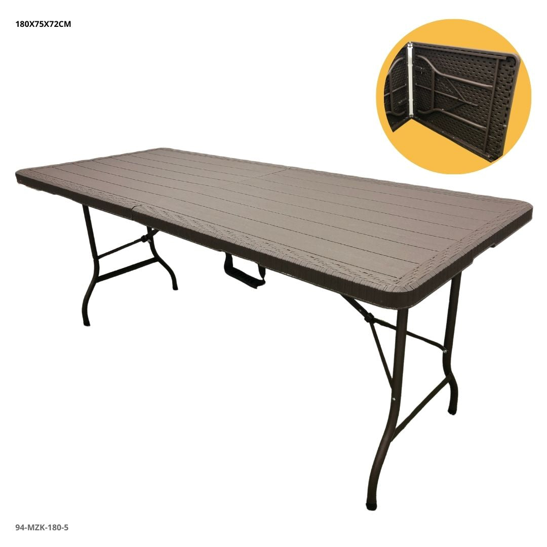 MESA 6' PLEGABLE CHOCOLATE DE PLASTICO ASPECTO MADERA 180X75X72CM