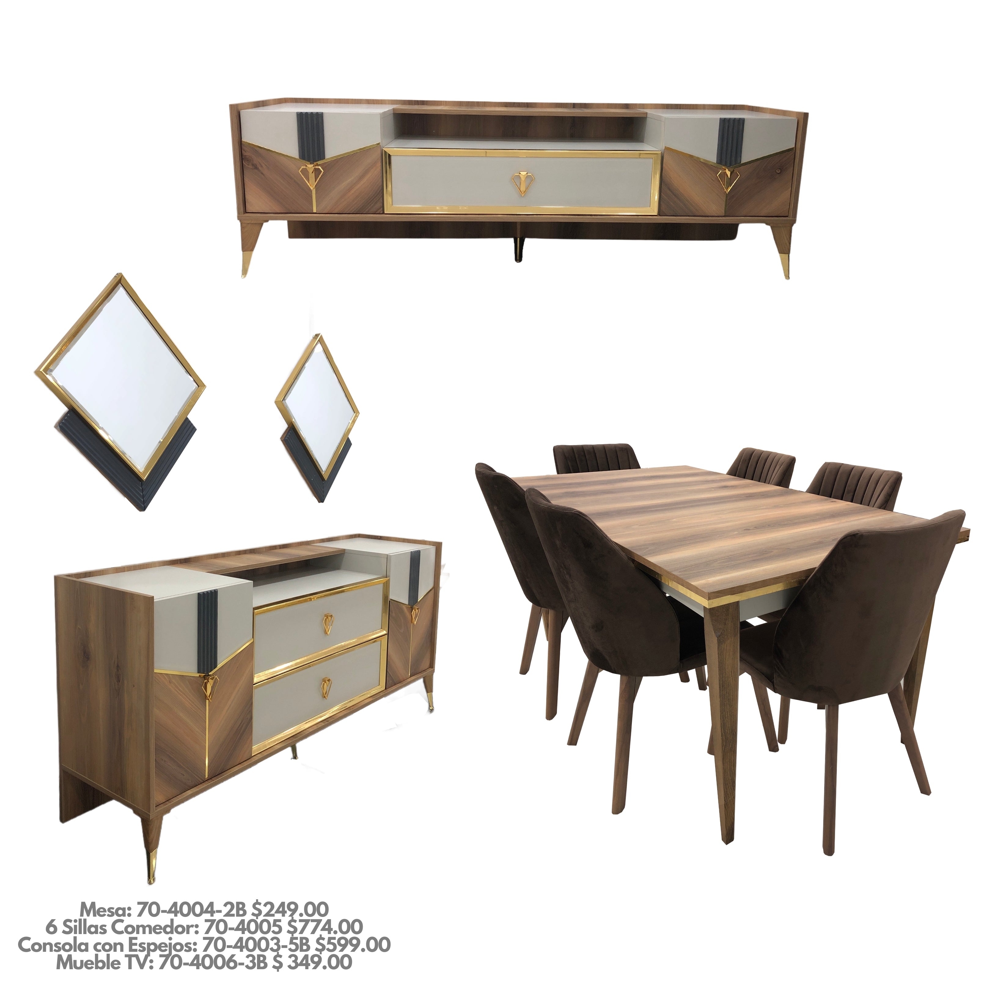COMBO COMEDOR MESA COMEDOR + 6 SILLAS COMEDOR + MUEBLE DE TV+ CONSOLA CON ESPEJO