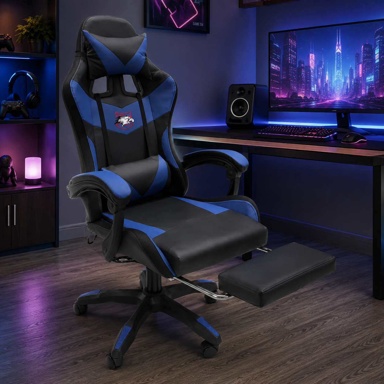 Silla Gaming Negro/ Azul LED con Reposa Pie